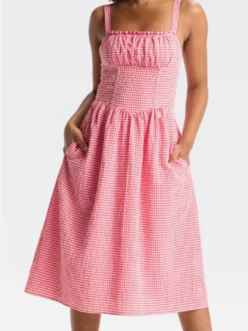 wild fable Pink Gingham Midi Dress with Smocked Bodice
